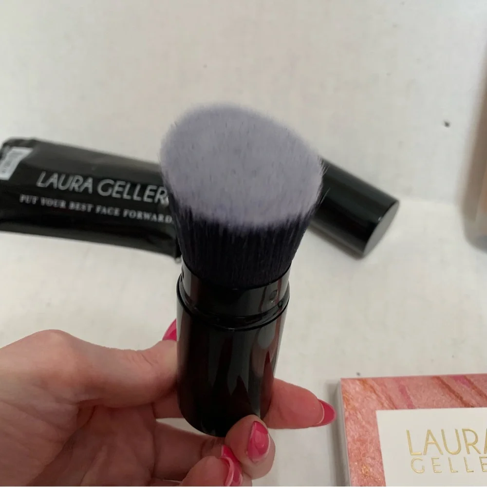 Laura Geller Double Take Foundation Medium, pink buttercream blush, kabuki brush